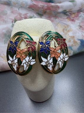 Vintage Floral Cloisonné  Oval Clip Earrings -